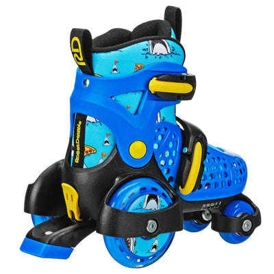 RDS Fun Roller adjustable kids roller skates in blue and yellow with pizza and shark pattern boot liner.