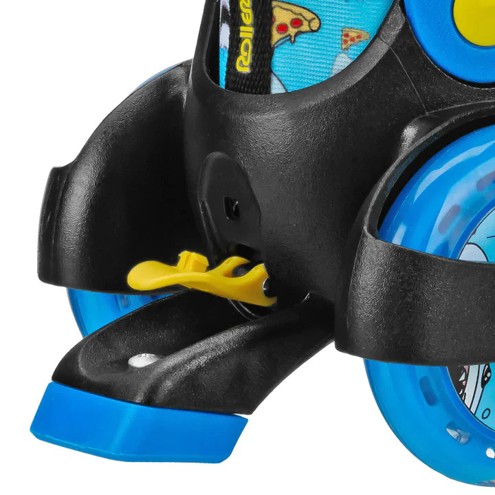 RDS Fun Roller adjustable kids roller skates in blue and yellow with pizza and shark pattern boot liner.