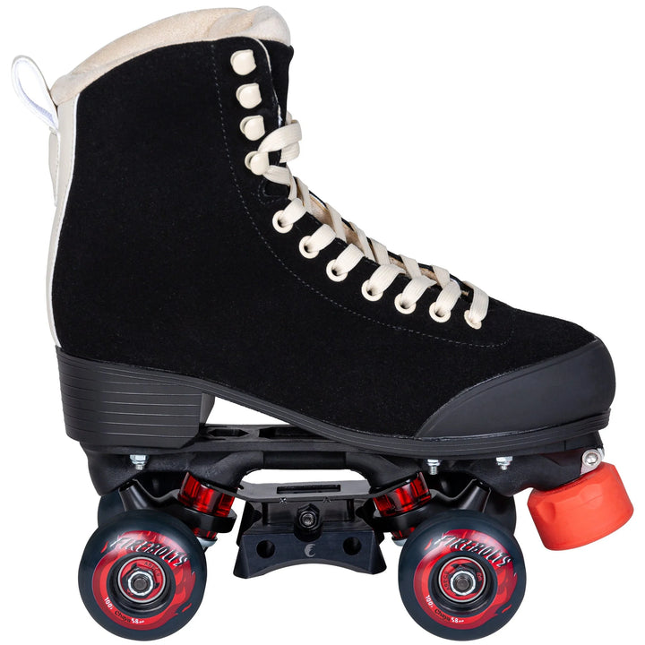 Chaya Dark Soul Roller Skates - all black boot with cream laces, eyelets, backstay and lining. Black and red hardware including toe stops, slide block and wheels.