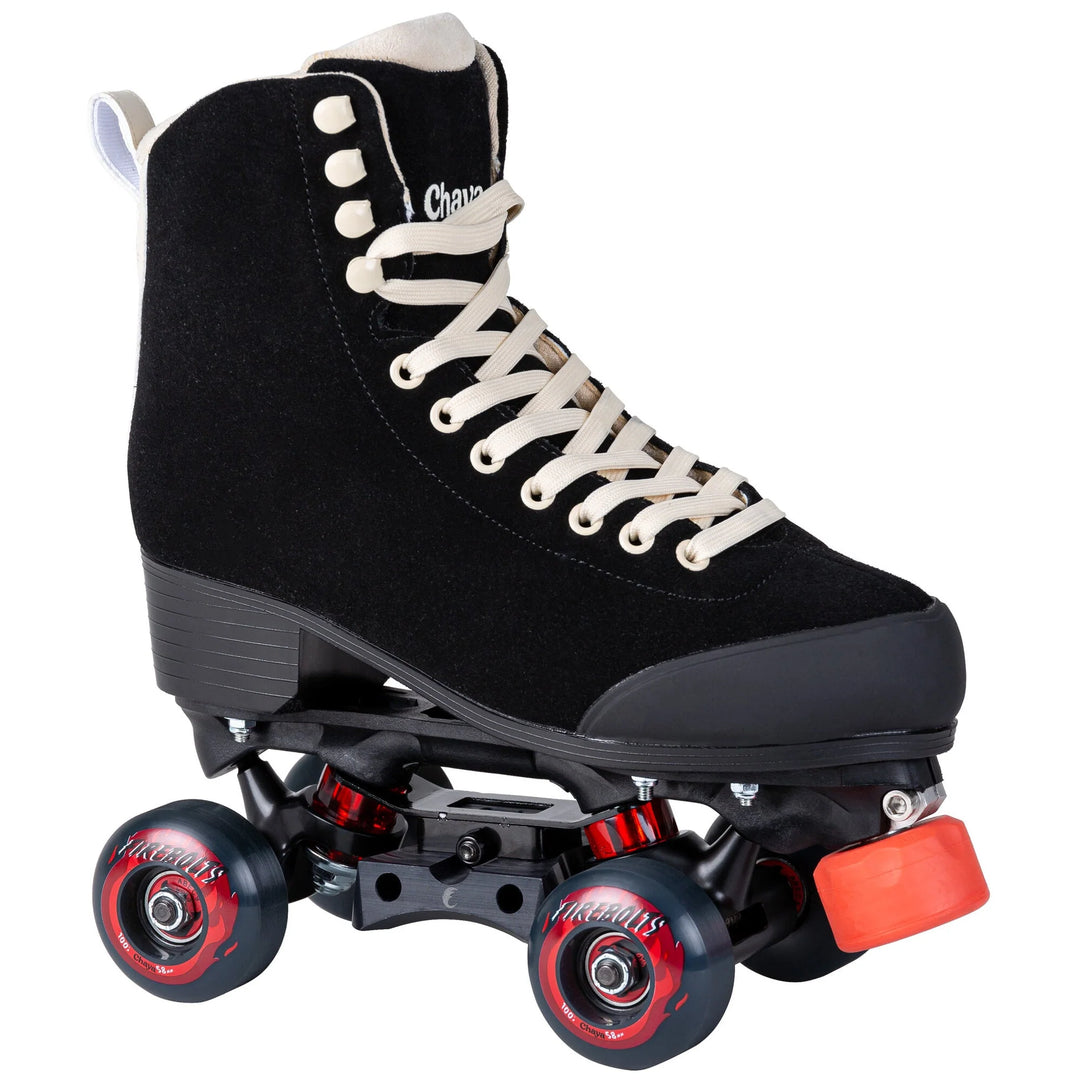 Chaya Dark Soul Roller Skates - all black boot with cream laces, eyelets, backstay and lining. Black and red hardware including toe stops, slide block and wheels.