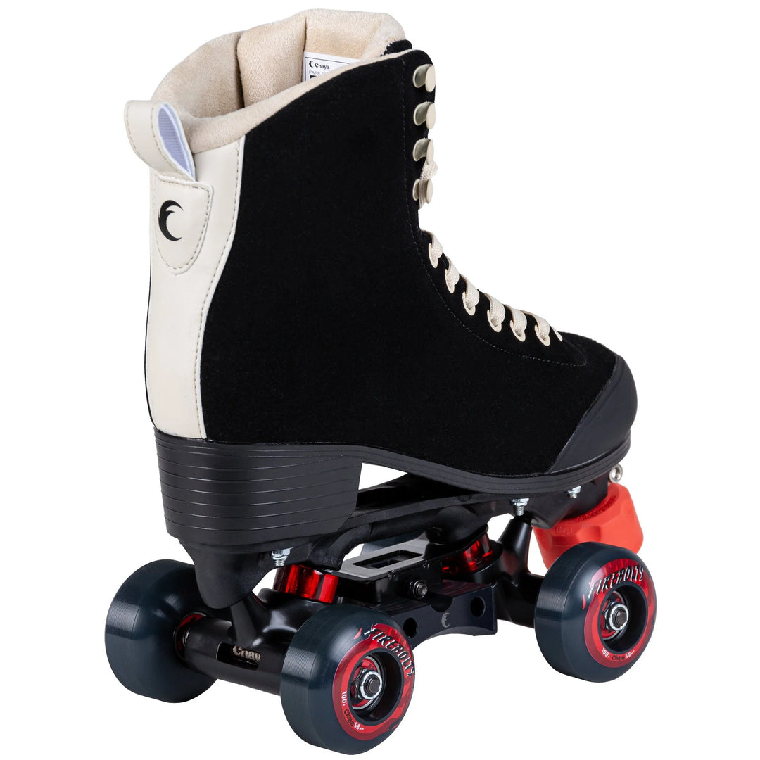 Chaya Dark Soul Roller Skates - all black boot with cream laces, eyelets, backstay and lining. Black and red hardware including toe stops, slide block and wheels.