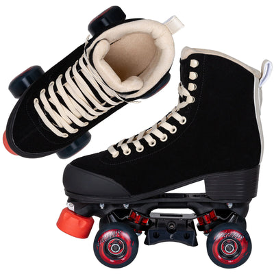 Chaya Dark Soul Roller Skates - all black boot with cream laces, eyelets, backstay and lining. Black and red hardware including toe stops, slide block and wheels.