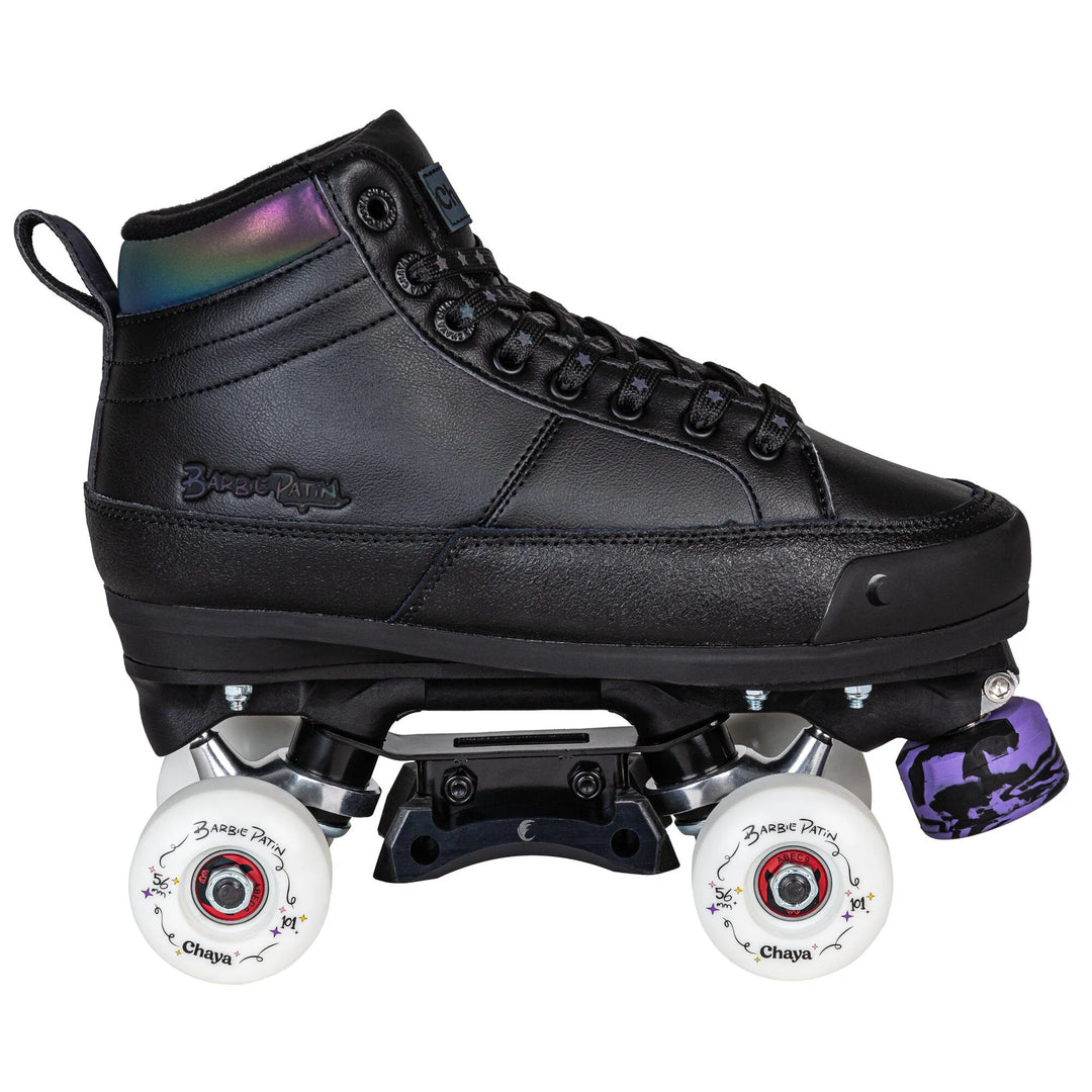 Chaya Kismet Black Roller Skates - black boots with reflective oil slick accents, white wheels and purple/black swirl toe stops.