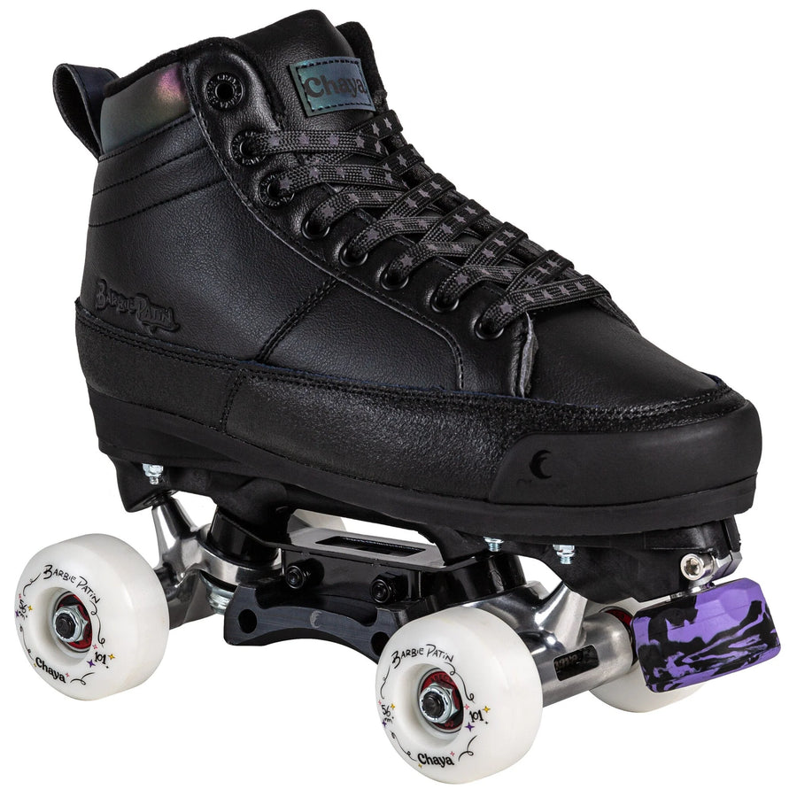 Chaya Kismet Black Roller Skates - black boots with reflective oil slick accents, white wheels and purple/black swirl toe stops.