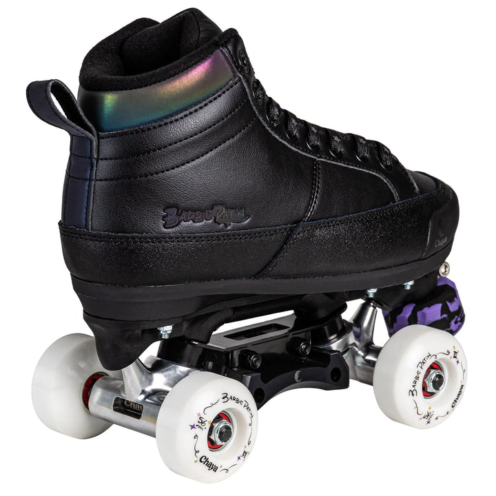 Chaya Kismet Black Roller Skates - black boots with reflective oil slick accents, white wheels and purple/black swirl toe stops.