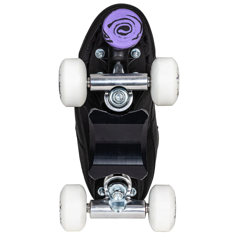 Chaya Kismet Black Roller Skates base view highlighting wide trucks and slide block.