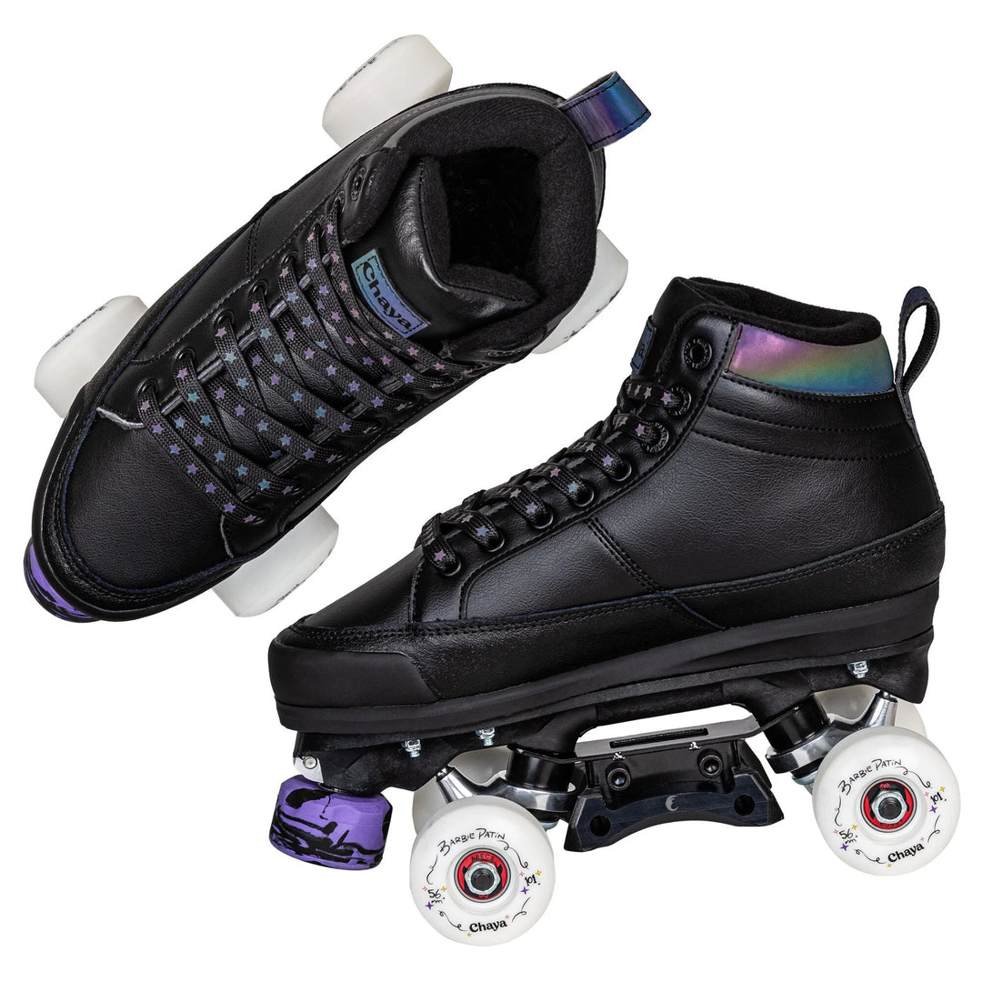 Chaya Kismet Black Roller Skates - black boots with reflective oil slick accents, white wheels and purple/black swirl toe stops.