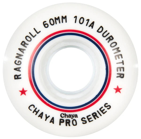 Chaya Ragnaroll Pro roller skate wheel - white with blue and red concentric circles and black text