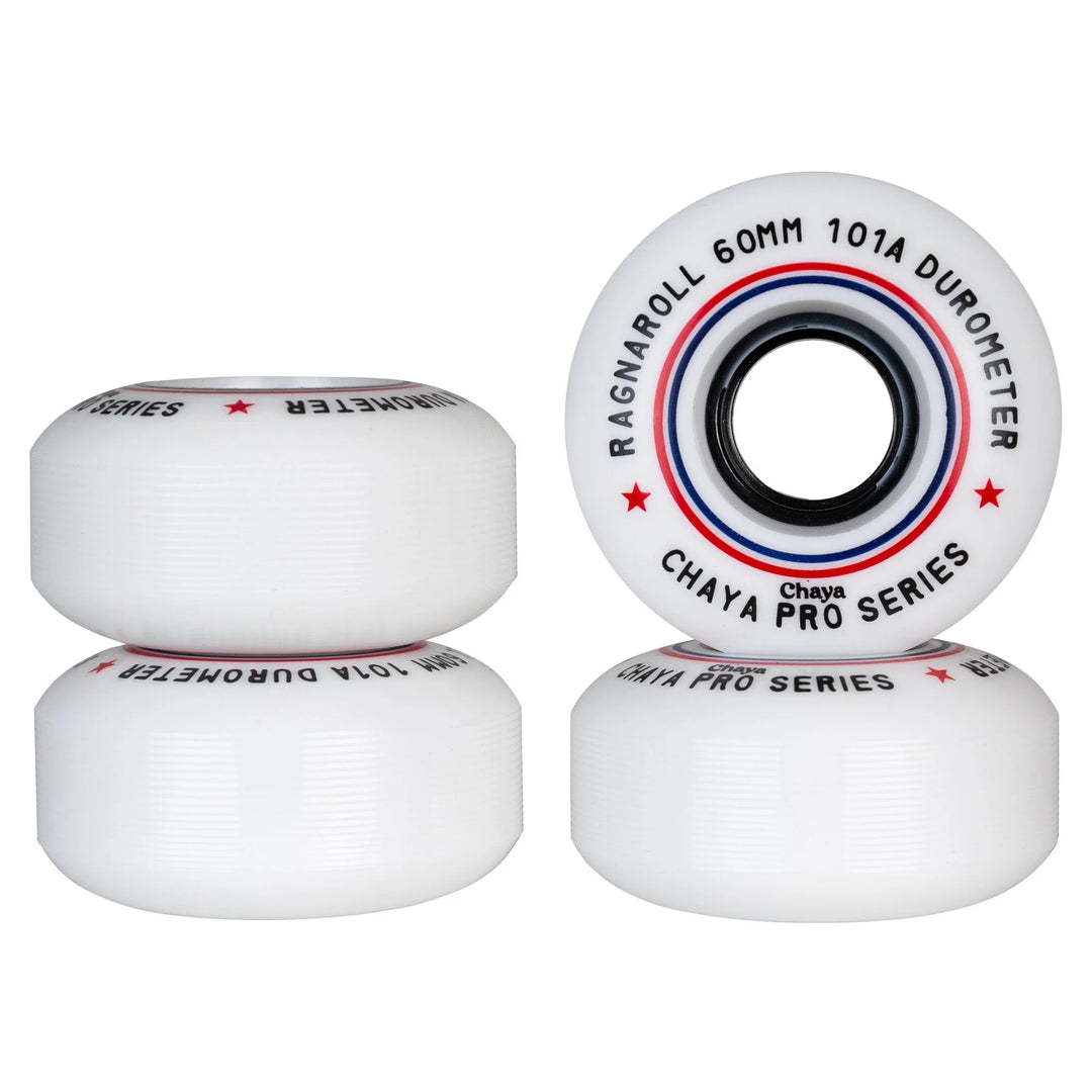 4 Chaya Ragnaroll Pro roller skate wheels - white with blue and red concentric circles and black text showing grooved riding surface.