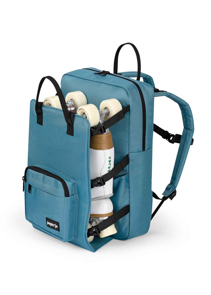 Popin'jo Big'jo Skate Bag backpack in blue with white roller skates