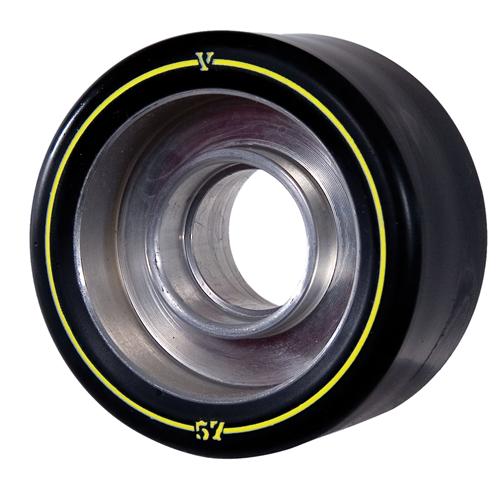 Radar Varsity Plus roller skate wheel in black with aluminium hub and yellow graphic