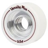 Radar Varsity Plus roller skate wheel in white with aluminium hub and red graphic