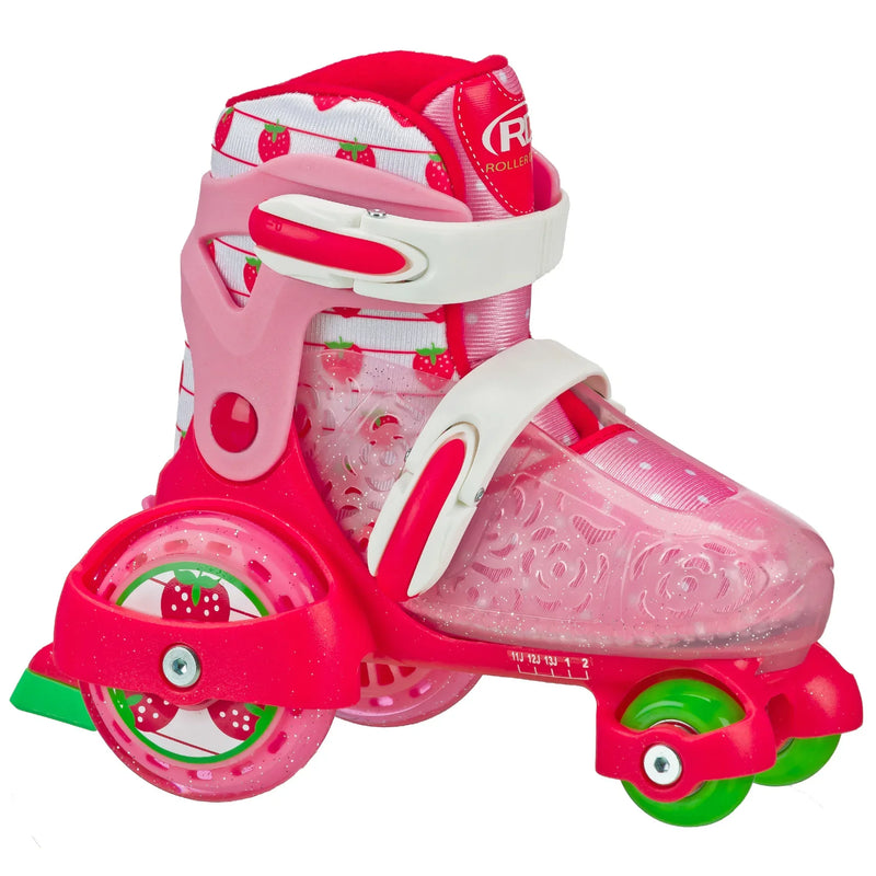 RDS Strawberry Fun Roller adjustable kids skate side view: white straps, pink strawberry print lining and pink and green wheels.