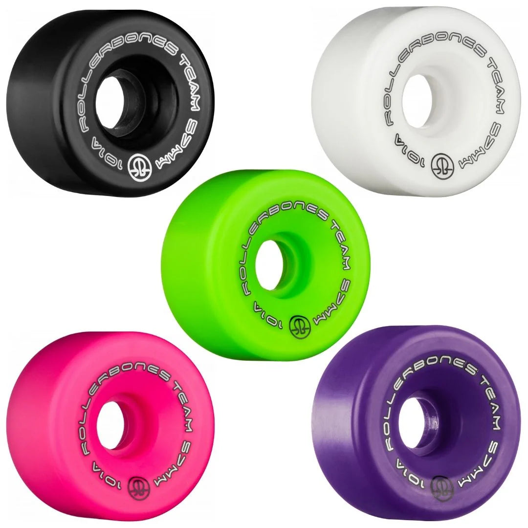 Rollerbones Team Logo roller skate wheels in 5 colours: black, white, green, pink and purple.