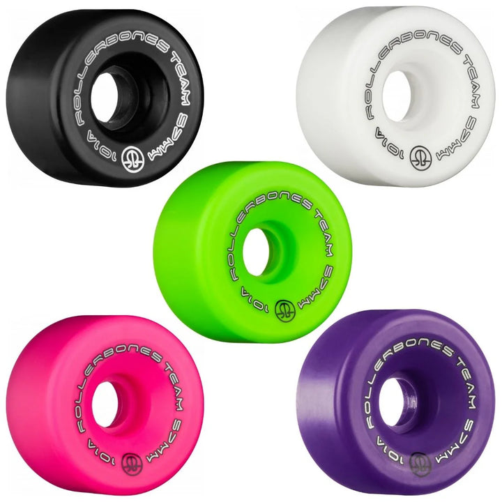 Rollerbones Team Logo roller skate wheels in 5 colours: black, white, green, pink and purple.