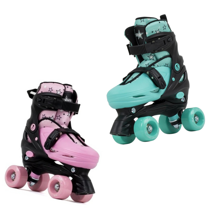 Kids adjustable roller skates in pink or mint green design with stars and black frame.