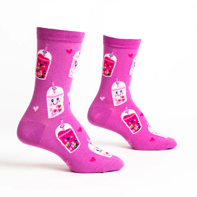 sock it to me socks in magenta pink with cartoon bubble tea characters