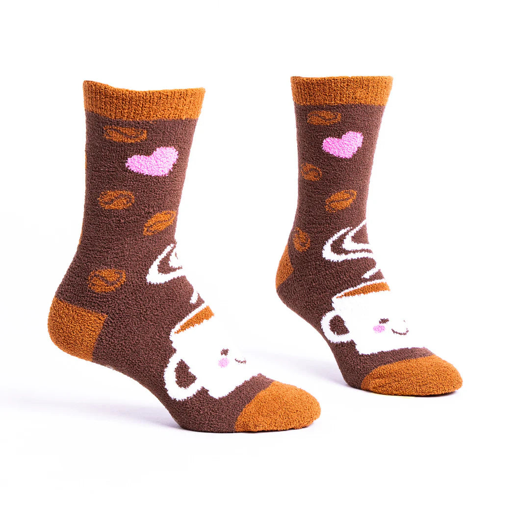 sock it to me fluffy no slip socks in brown with a smiling coffee cup, beans and pink heart