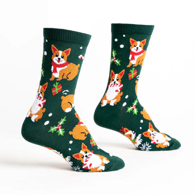 sock it to me socks in dark green with christmas presents, holly and corgies