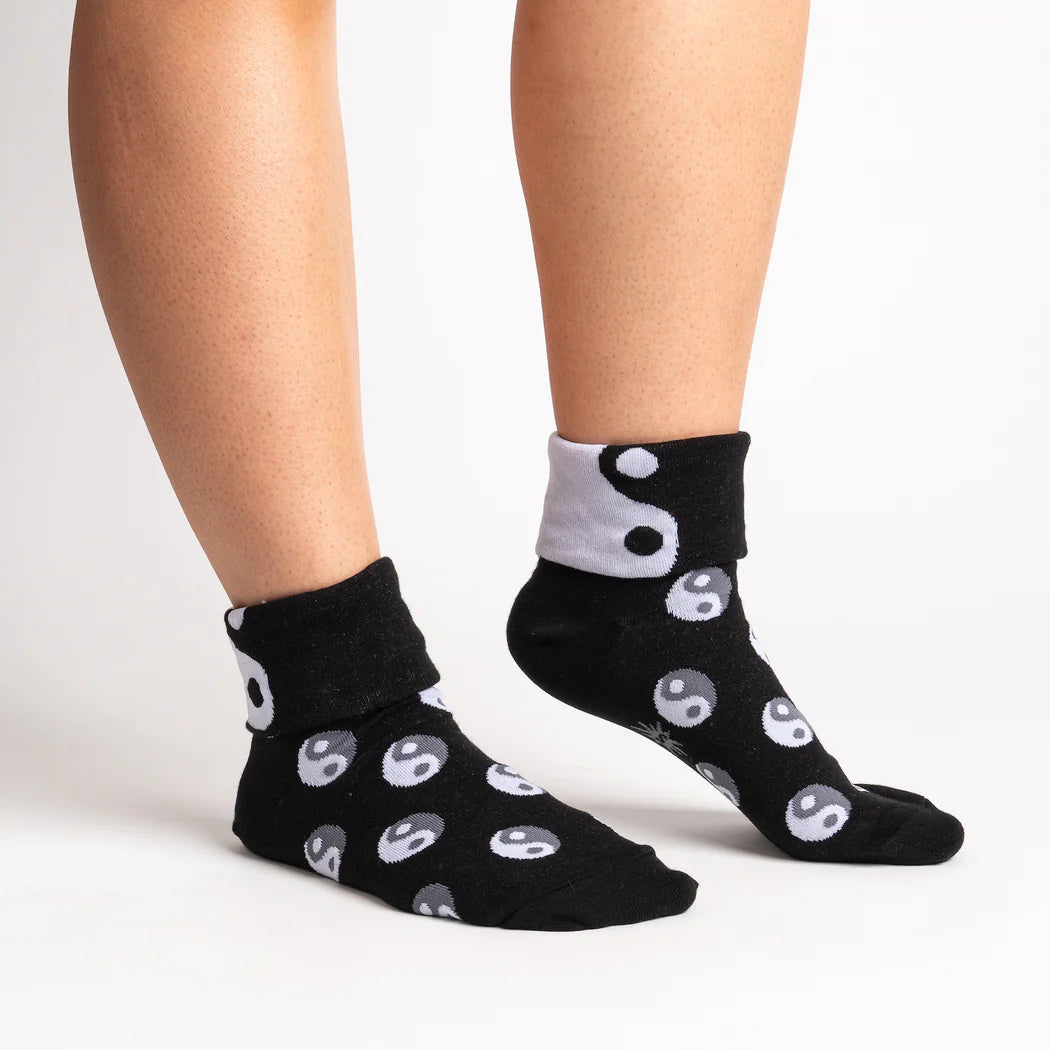 sock it to me turn cuff crew socks in black with yin yang symbols