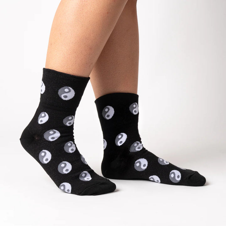 sock it to me turn cuff crew socks in black with yin yang symbols