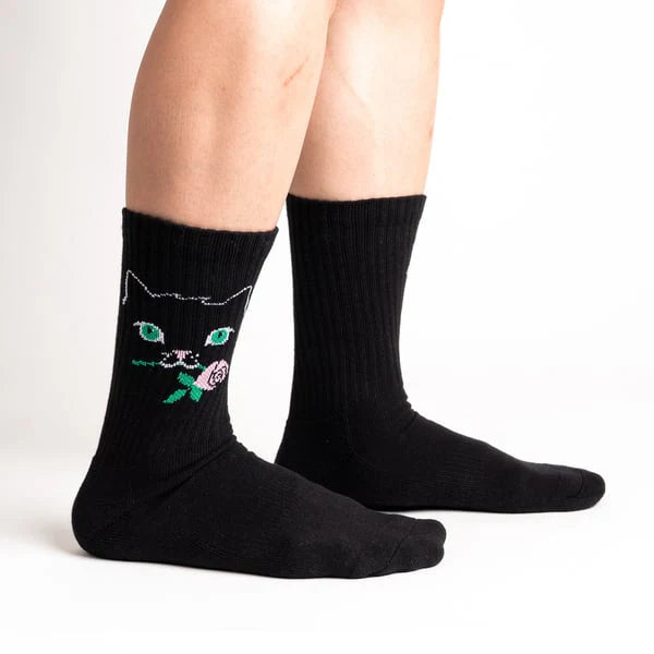 Sock it to Me ribbed crew socks - Cattitude - black with white green and pink cat face holding a rose in mouth