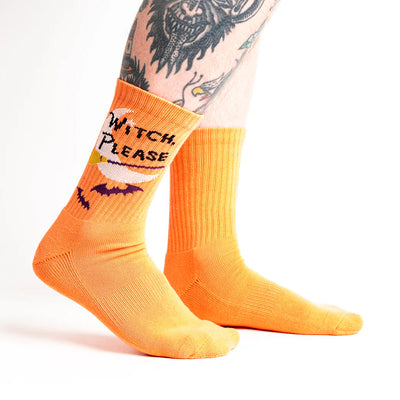 Sock it to Me ribbed crew socks - Witch Please - orange with white crescent moon, purple bats and mustard broomstick