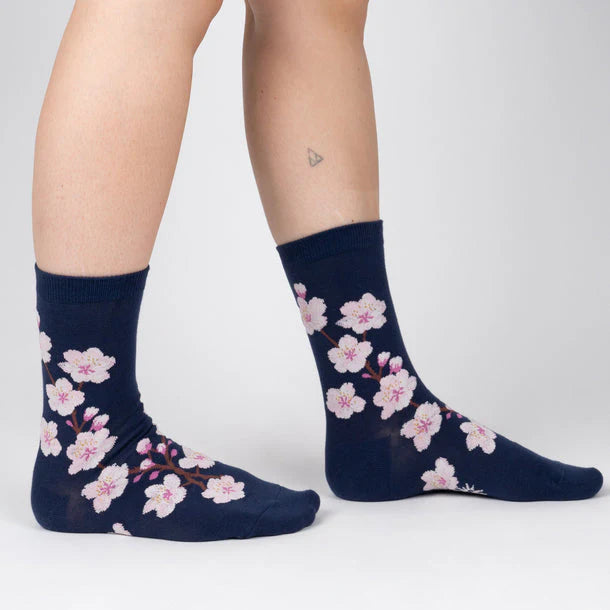 Navy crew socks with white and pink cherry blossom flowers