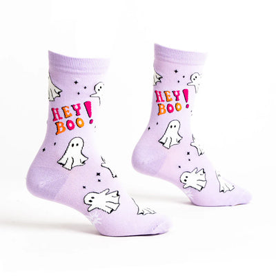 Sock it to Me Womens crew socks - Hey Boo - pastel purple with white cartoon ghosts