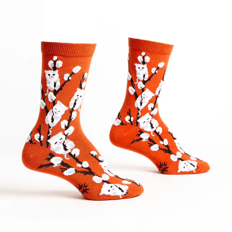 Sock it to Me Womens crew socks - Kitten Willow - burnt orange with cherry blossom print with white cats