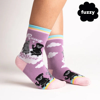 Sock it to Me Womens crew socks - Paws and Reflect - pastel purple with black pug and grey cat sitting on clouds.