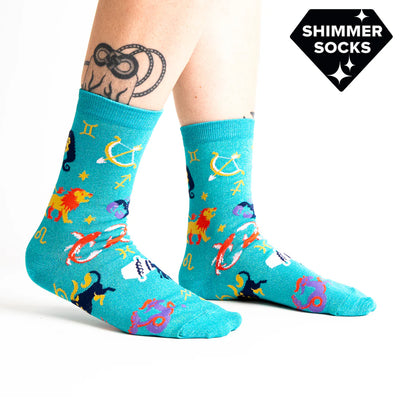 Sock it to Me Womens crew socks - What's Your Sign - shimmer teal with colourful astrological symbols