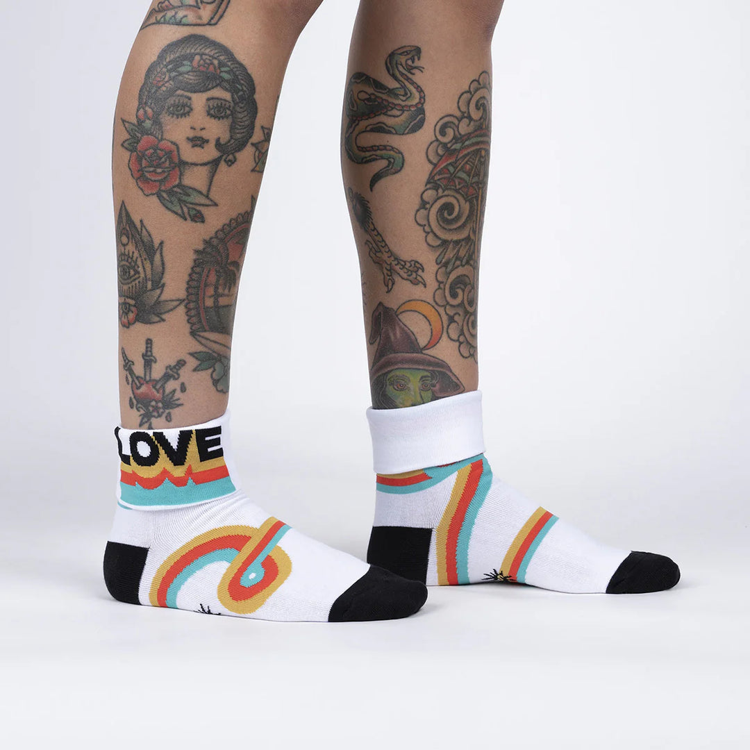 Sock it to Me Turn Cuff crew socks - Groovy love - white with teal, orange and mustard retro stripe 
