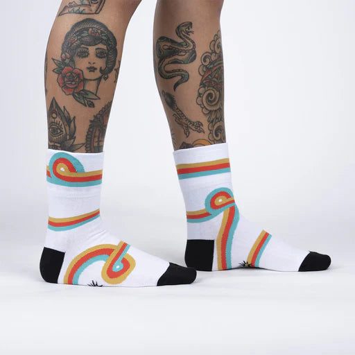 Sock it to Me Turn Cuff crew socks - Groovy love - white with teal, orange and mustard retro stripe 