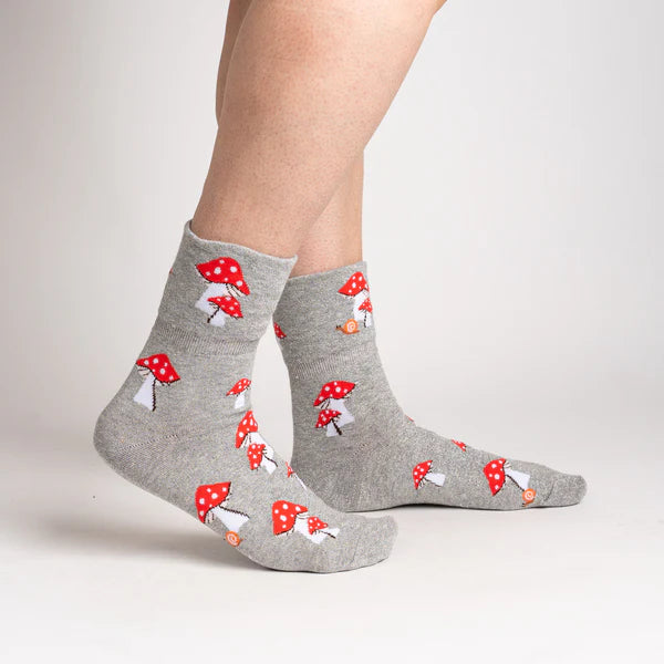 Sock it to Me Turn Cuff crew socks - Magical - grey with shimmer red mushrooms.