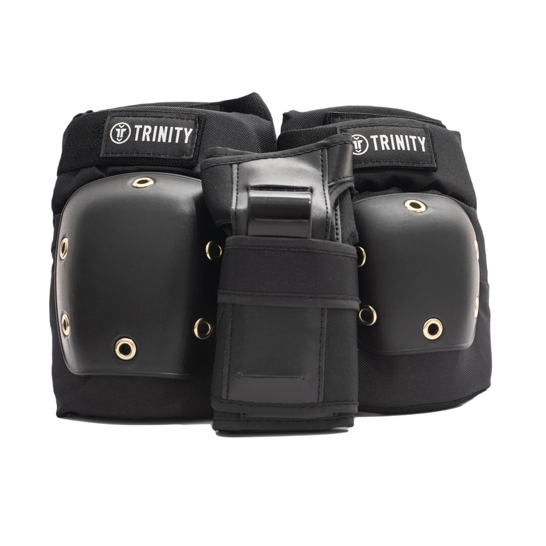 Trinity Pad pack with knee pads, elbow pads and wrists guards in all black.