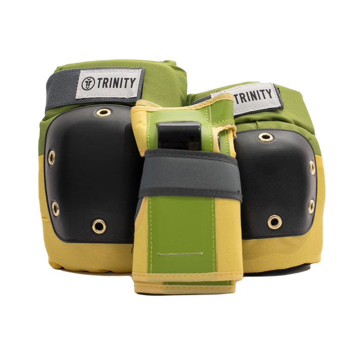 Trinity Pad pack with knee pads, elbow pads and wrists guards in khaki green and brown with black caps.