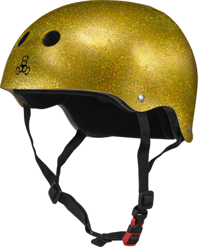 A gold glitter helmet by Triple 8.