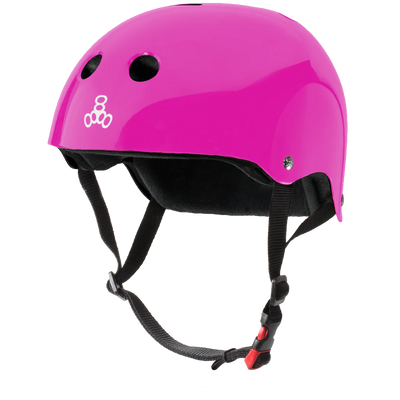 A hot pink gloss helmet by Triple 8.