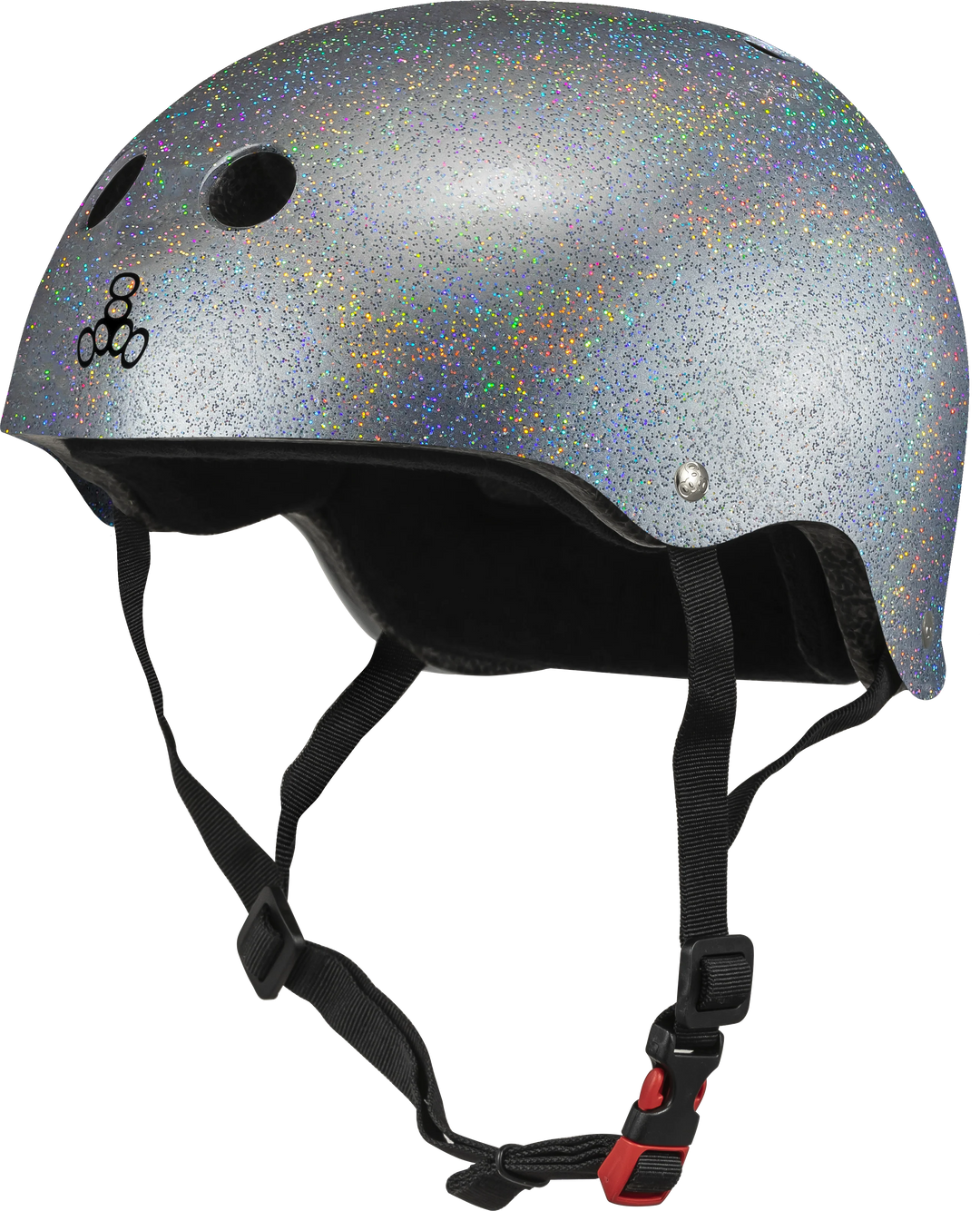 A silver glitter helmet by Triple 8.