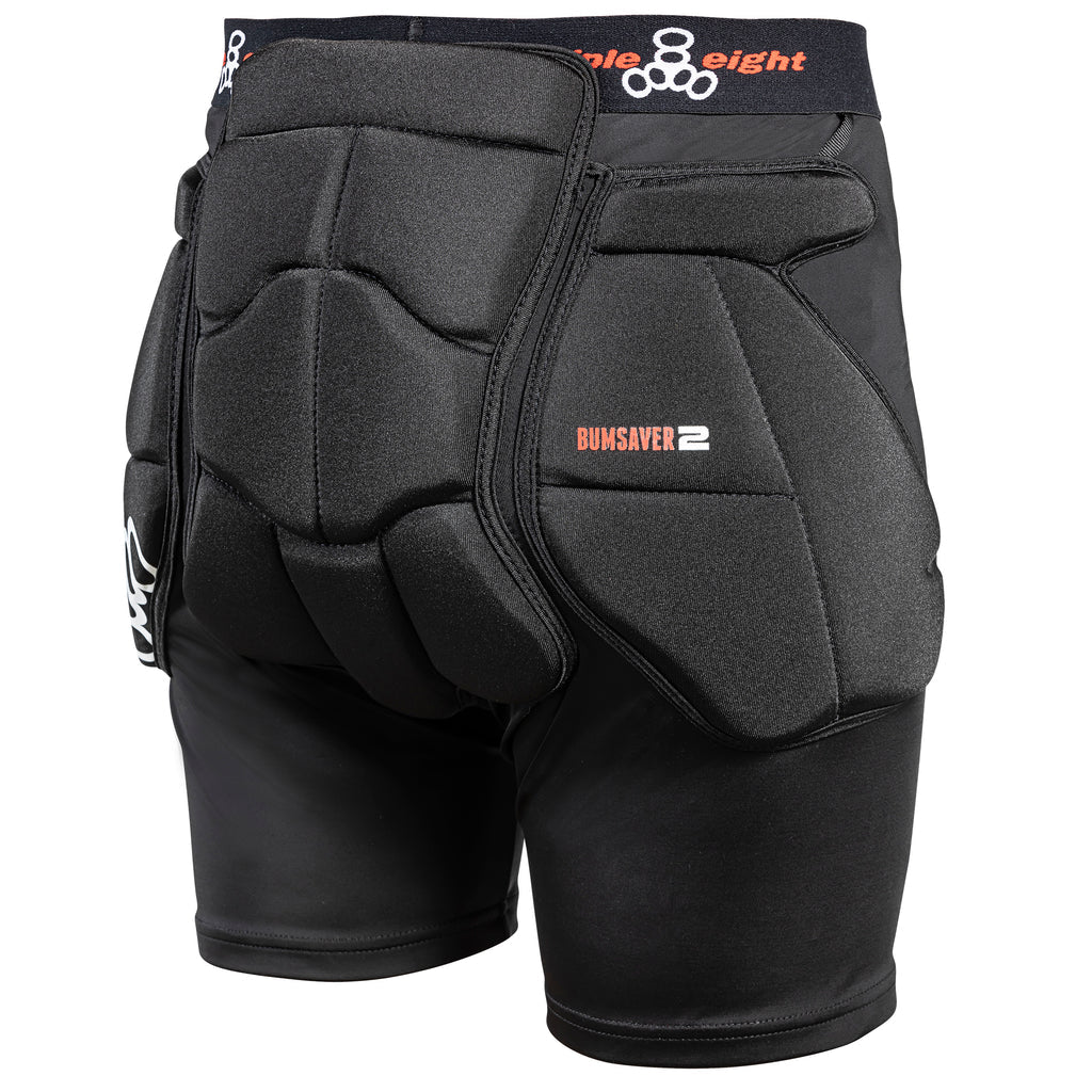 Triple 8 Bum Saver 2 black padded protection shorts rear side view to highlight the butt and hip padding.