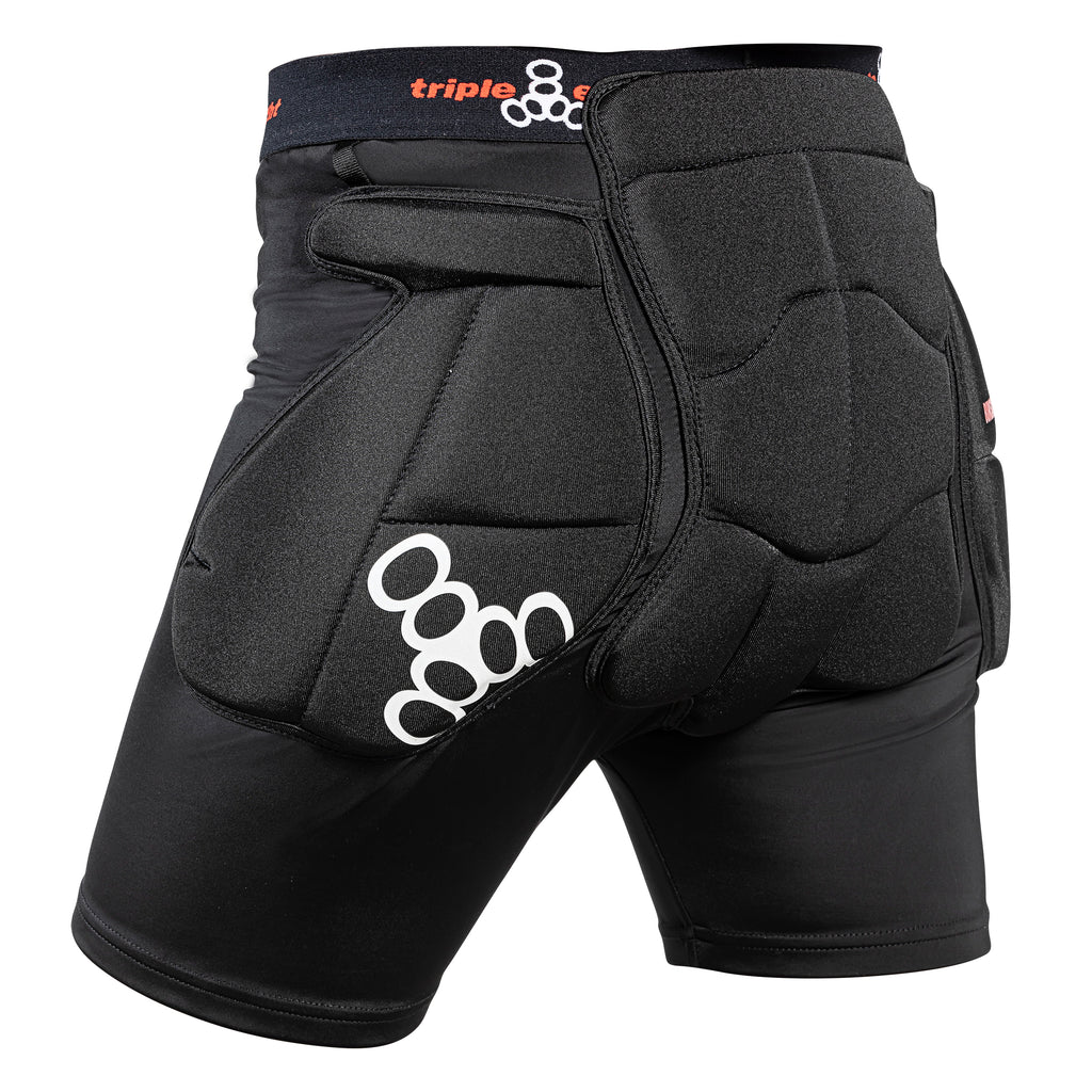 Triple 8 Bum Saver 2 black padded protection shorts rear side view to highlight the butt and hip padding.