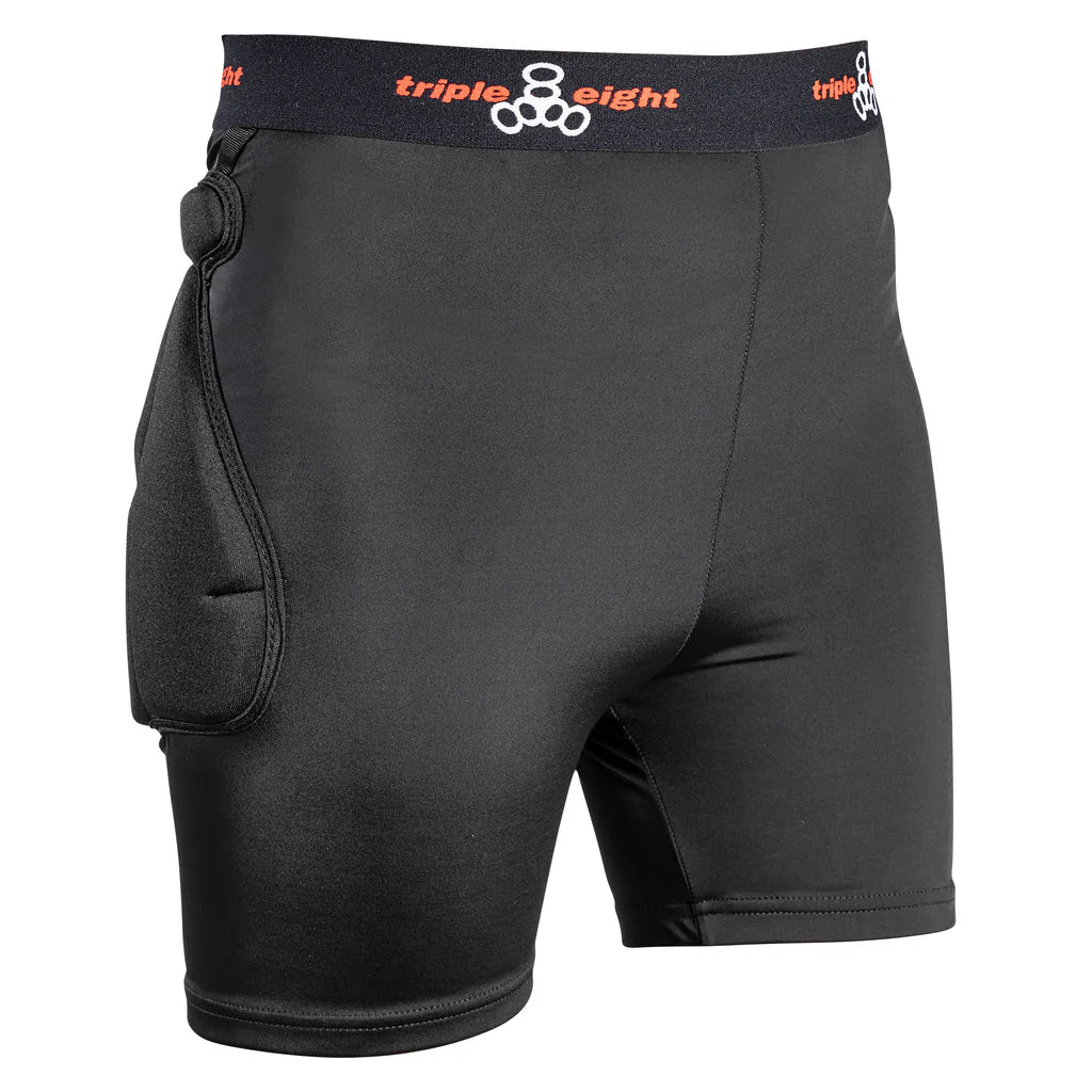 Triple 8 Bum Saver 2 black padded protection shorts front view with lycra material and elastic waistband