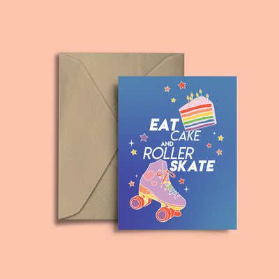 The RollerFit Eat Cake and Roller Skate greeting card featuring a roller skate and delicious slice of cake.