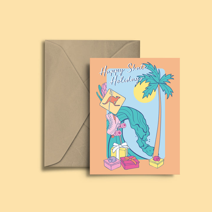 RollerFit Happy Skate Holiday greeting card featuring palm tree a wave and roller skates.