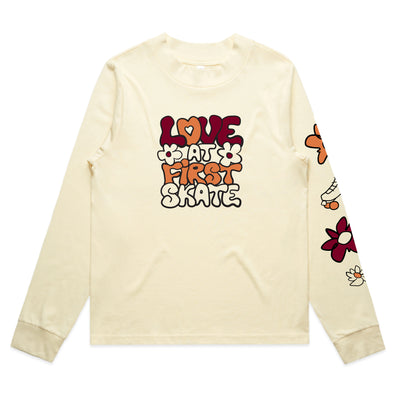 RollerFit Love at First Skate long sleeve t-shirt, cream colour with black, orange and maroon text, flower and roller skate designs.