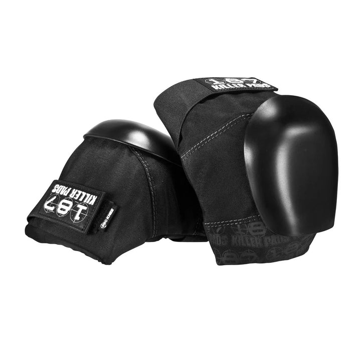 Black 187 Killer Pads Pro Derby knee pads with visible branding on a white background