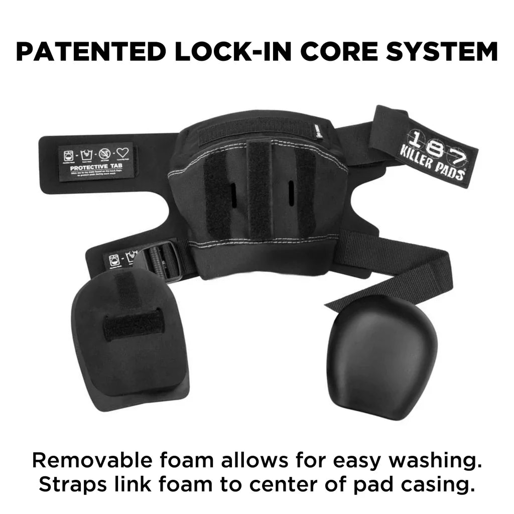 Black 187 Killer Pads Pro Derby Knee pad with text highlighting features on a white background