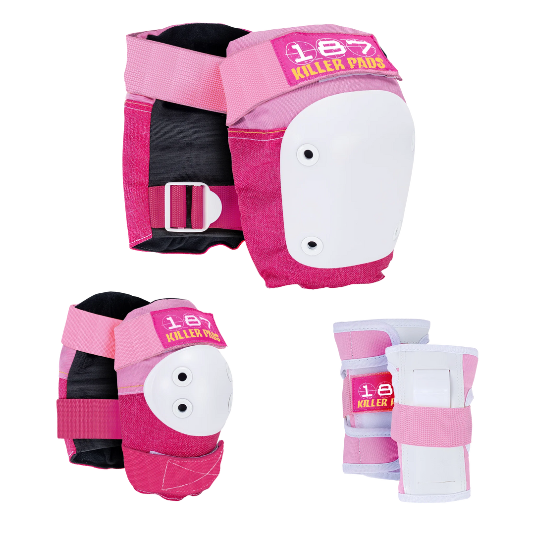 Pink and white protective gear set with '187 Killer Pads' branding on a white background