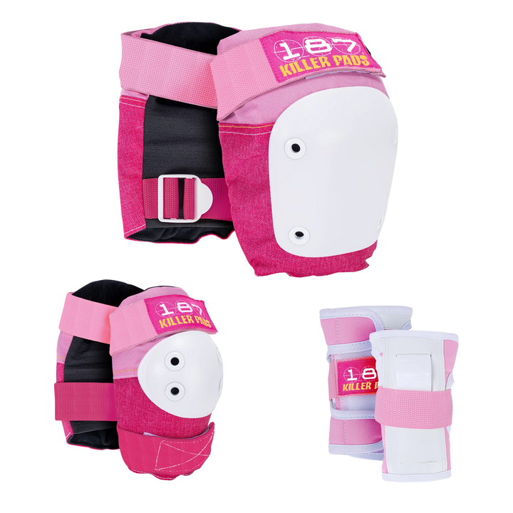 Pink and white protective gear set with '187 Killer Pads' branding on a white background